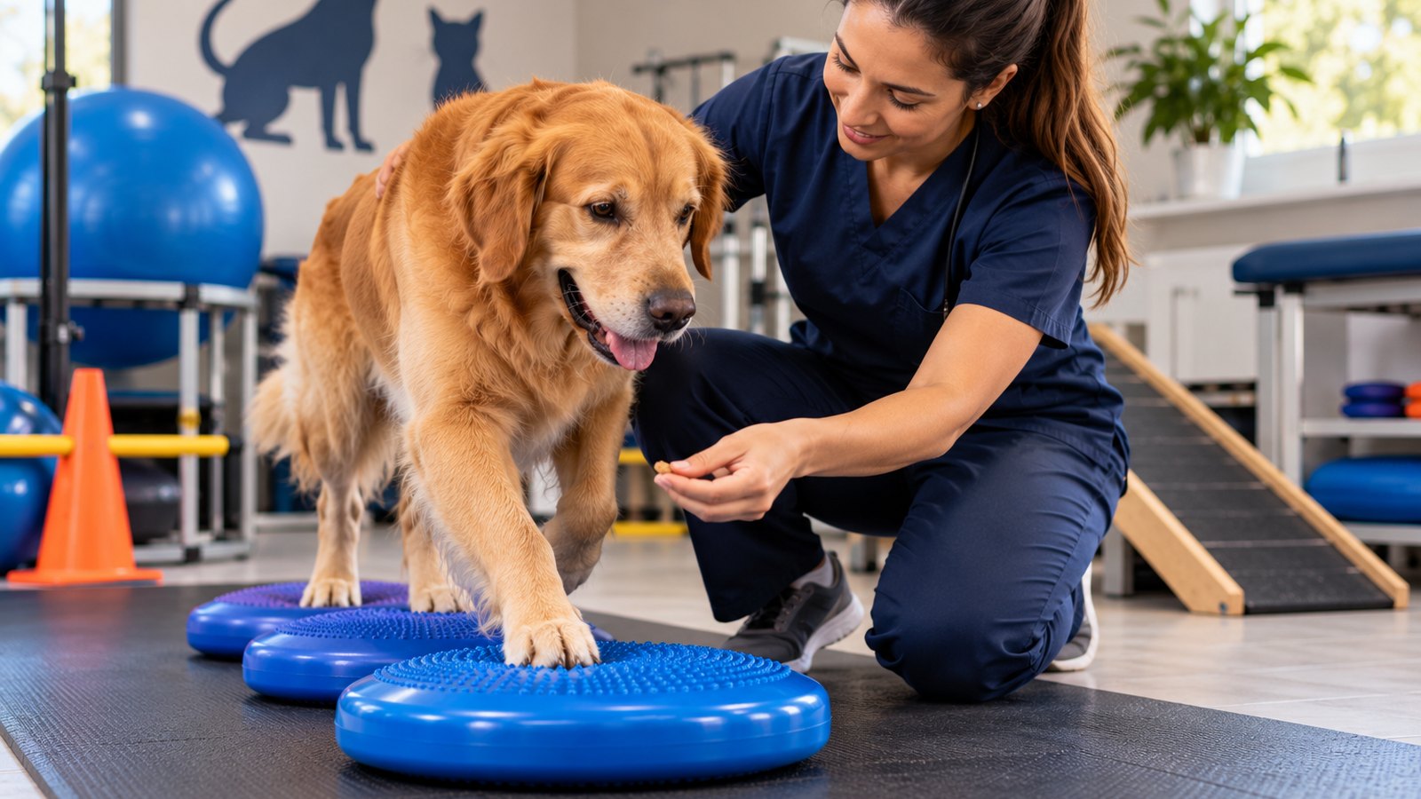 Médica-veterinária observando um Golden Retriever caminhar sobre discos de equilíbrio enquanto oferece um petisco