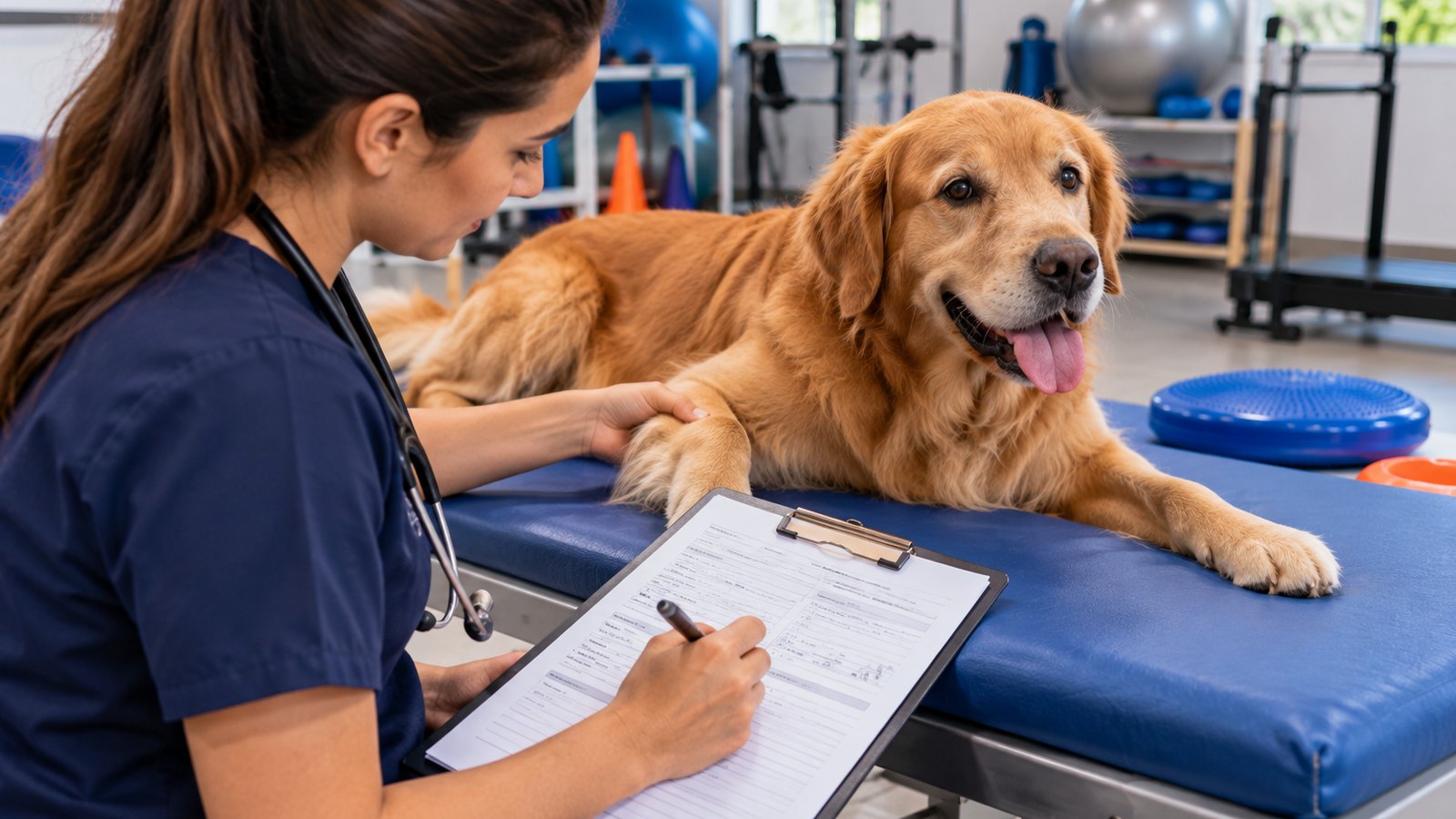 Médica-veterinária preenchendo a ficha de avaliação na prancheta ao lado de um Golden Retriever deitado sobre a mesa de atendimento