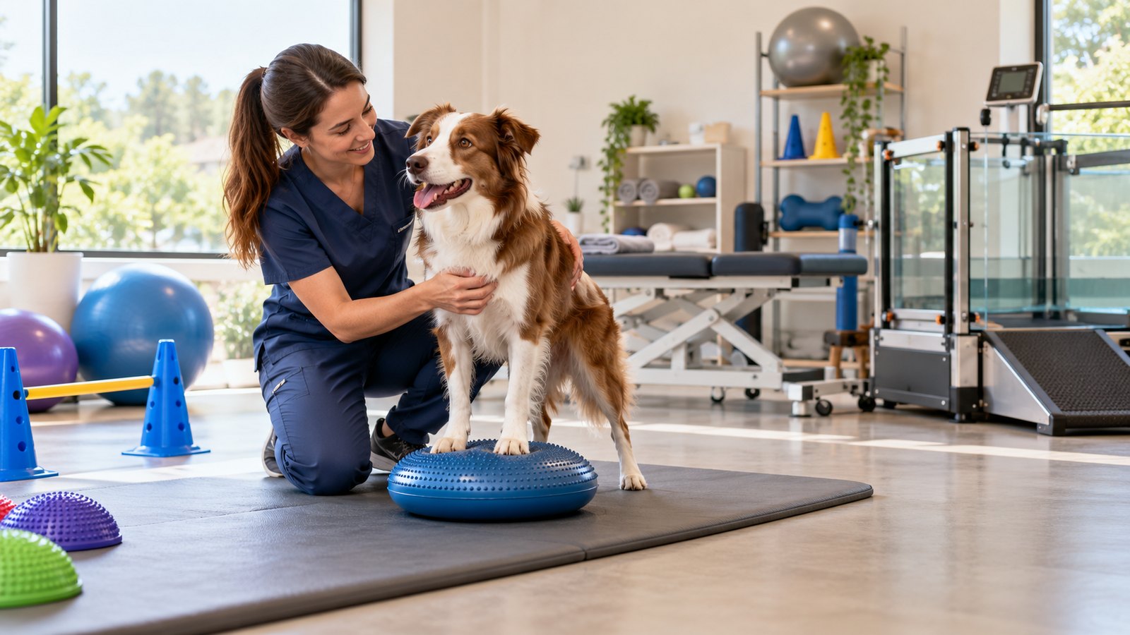 Médica-veterinária ajoelhada ao lado de um Border Collie apoiado num disco de equilíbrio, numa sala de reabilitação com esteira aquática, maca e bolas de exercício