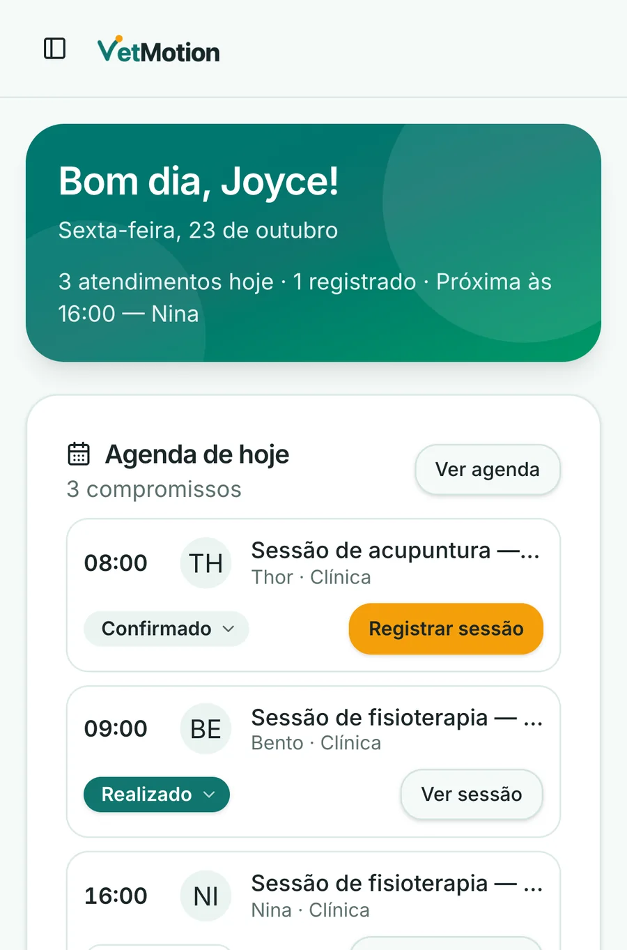 Tela Início do app no celular: saudação, três atendimentos hoje e a agenda do dia com o botão Registrar sessão.