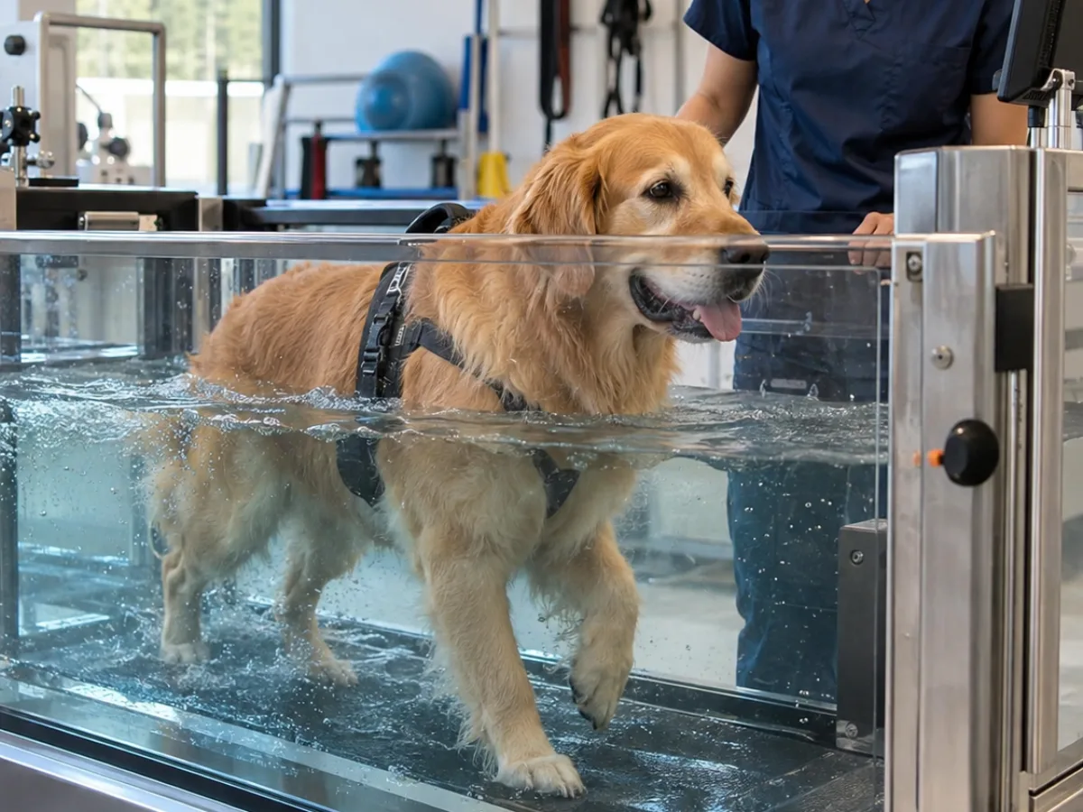 Golden retriever de peitoral caminhando na esteira aquática, com a veterinária acompanhando ao lado do tanque.