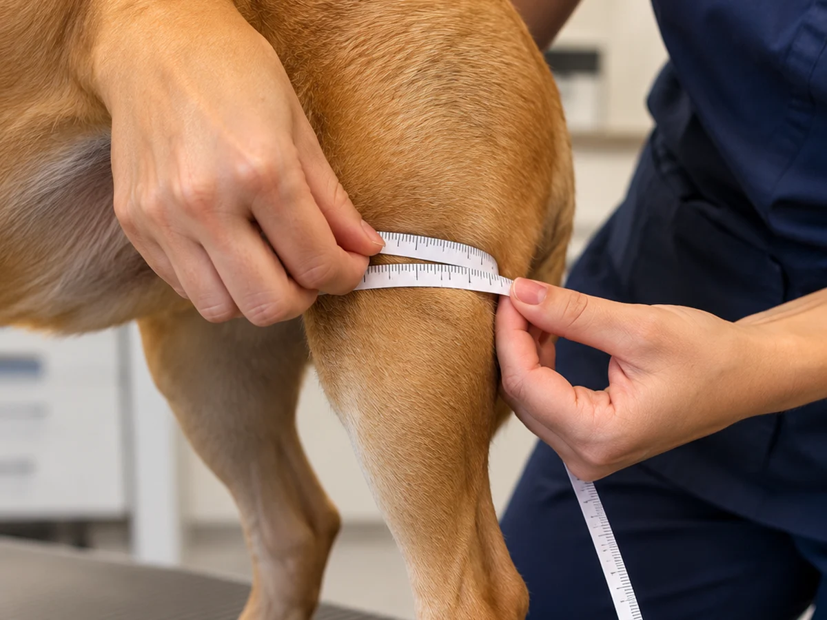 Veterinário medindo com fita métrica a circunferência do membro de um cão em pé na mesa (perimetria).